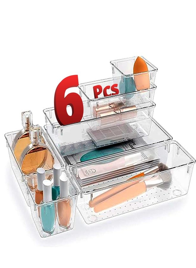 LIVINGBASICS 6 Pcs Unbreakable Kitchen Drawer Organizer/Drawers Organisers/Make up Organiser/Drawer Divider Tray/Makeup Dresser Tray/Dressing Table Organiser (Transparent) - Image 1